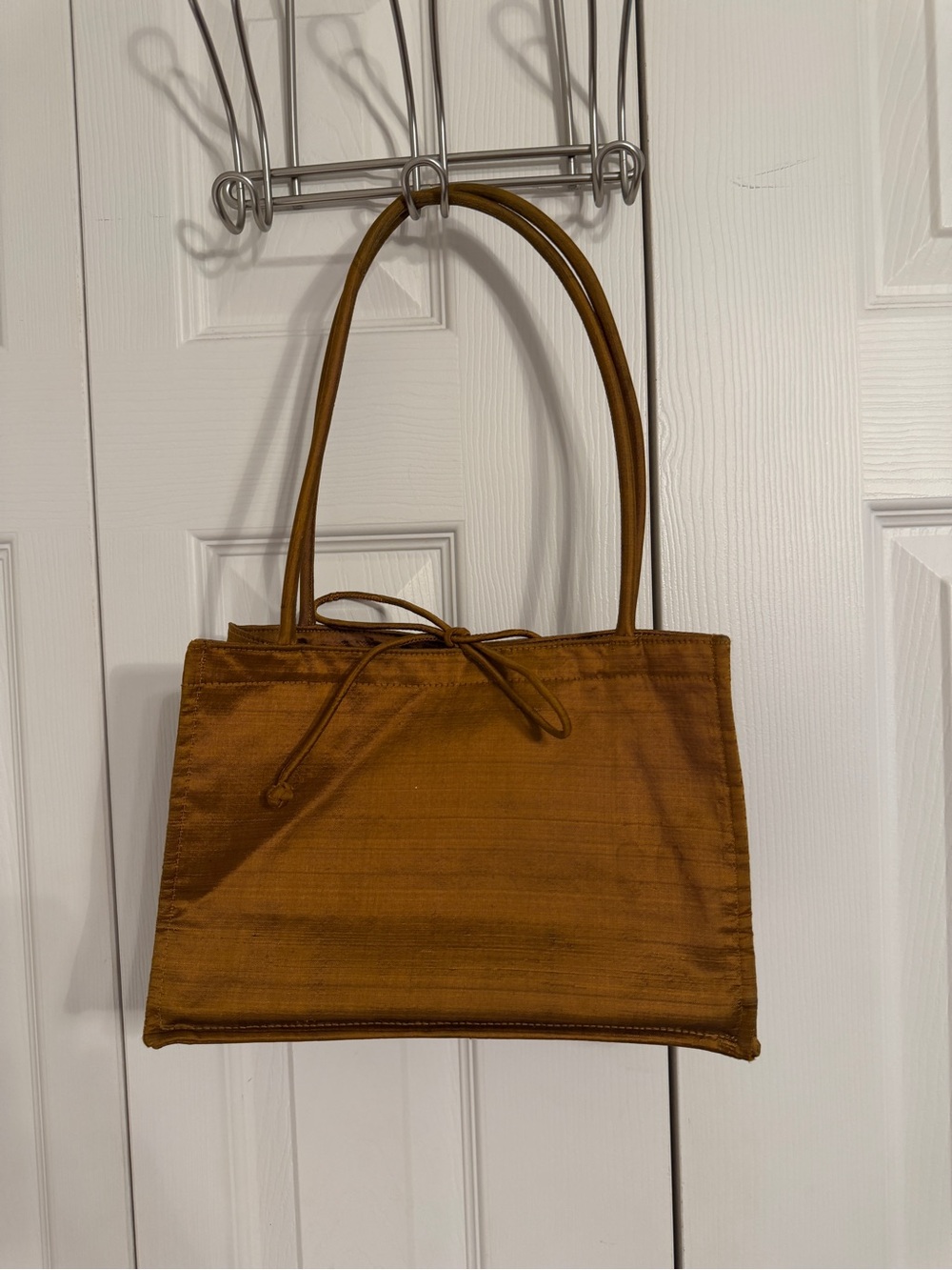 Claire V. Bronze Shimmer Mustard Structured Tote Bag Bow Minimalist Y2K Purse